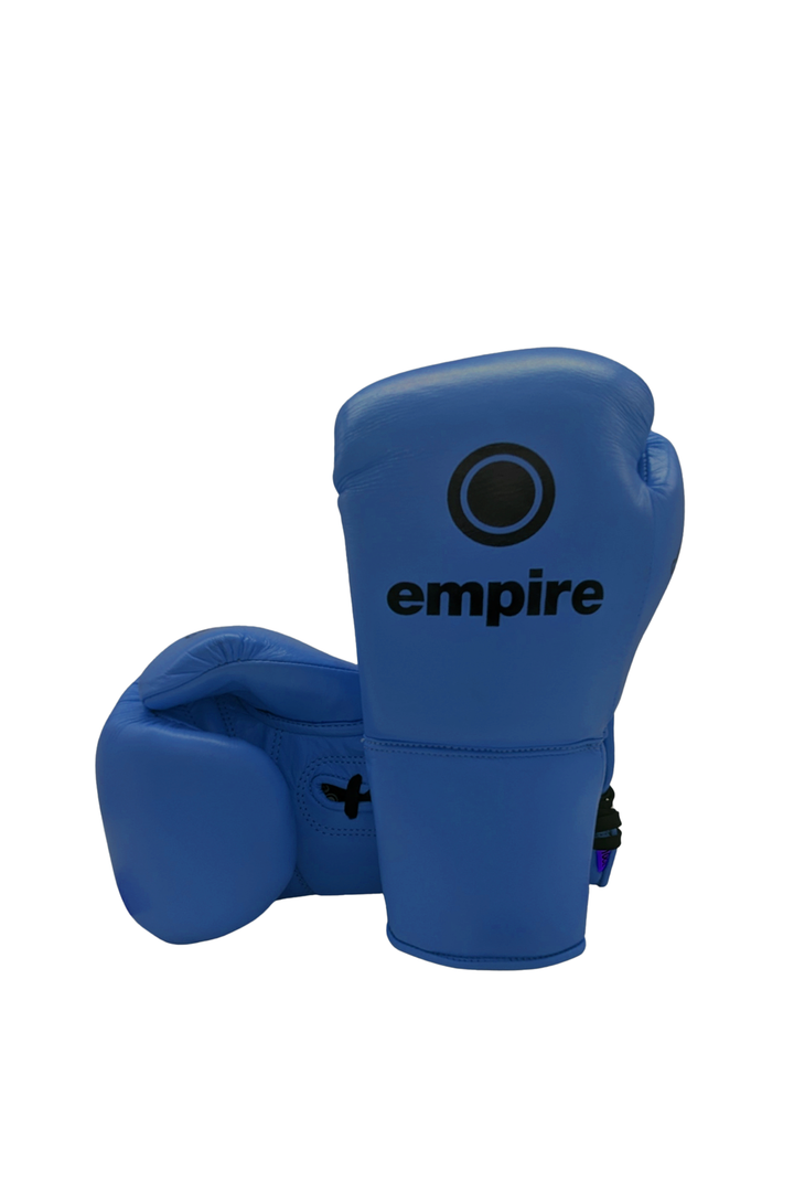 Maximus I Gloss Lace Gloves – Blue lace boxing gloves, professional lace-up boxing gloves by Empire Fight Store