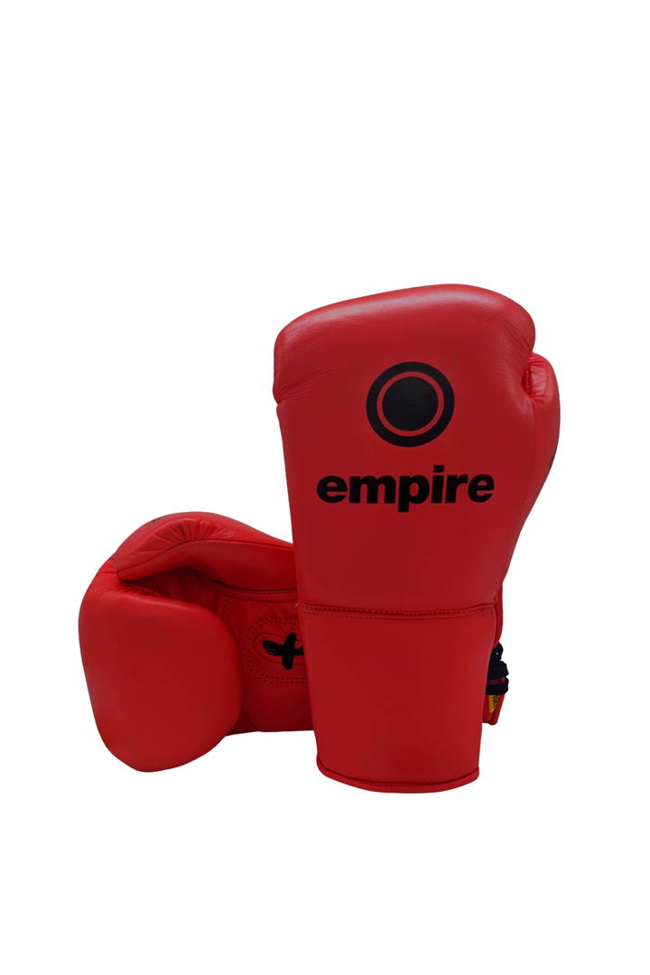 Maximus I Gloss Lace Gloves – Red lace boxing gloves, professional lace-up boxing gloves by Empire Fight Store