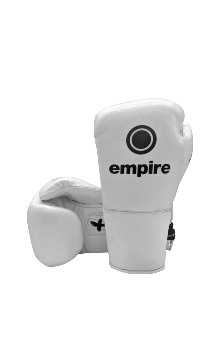 Maximus I Gloss Lace Gloves – White lace boxing gloves, professional lace-up boxing gloves by Empire Fight Store