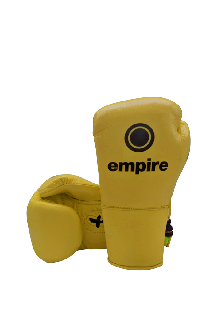 Maximus I Gloss Lace Gloves – Yellow lace boxing gloves, professional lace-up boxing gloves by Empire Fight Store